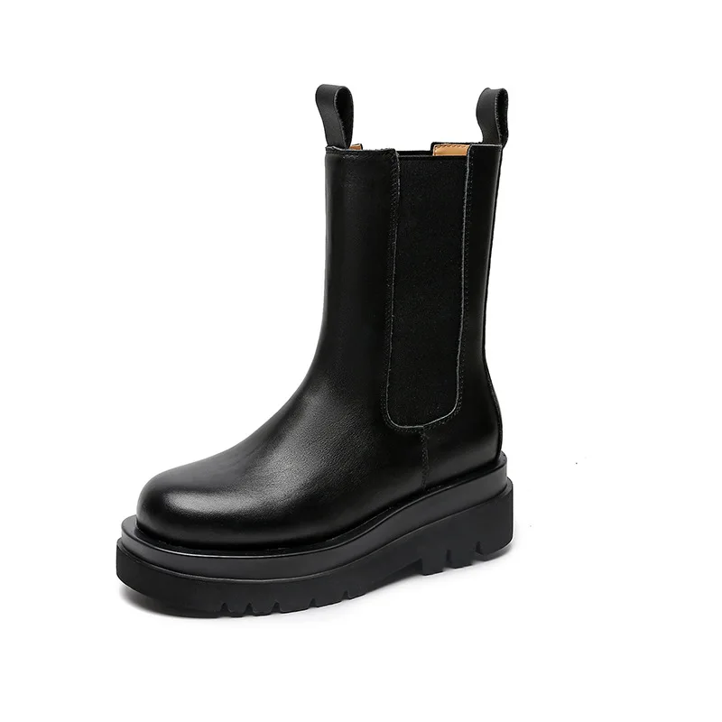 

Net red same top leather fall / winter 2020 new boots high tube thick low sole women's Chelsea boots