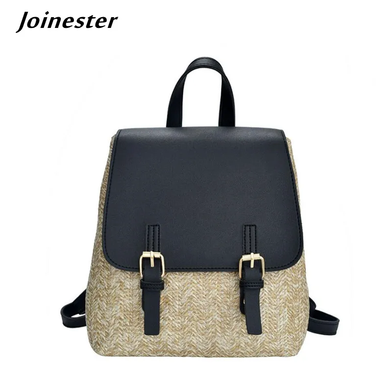 

Female Straw Backpack Women Bohemian Beach Bags Casual Summer Purse for Girls Small Shoulder Bag PU Leather Flap Daypack