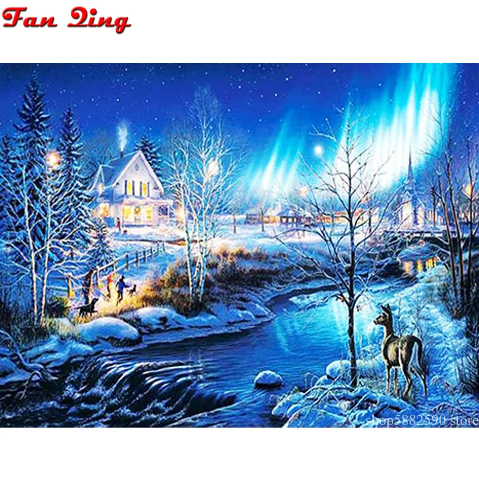 5D алмазная живопись деревенский снега Аврора вышивка пейзажа камни в форме