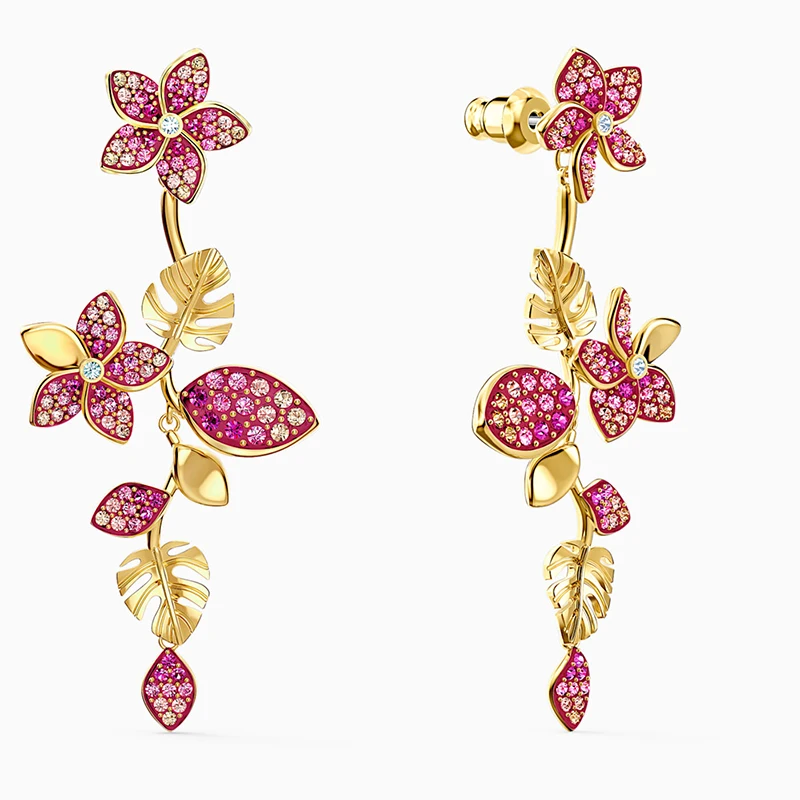 

Fashion SWA new tropical flower golden pierced earrings tropical garden pink leaf flower crystal ladies luxury exquisite jewelry