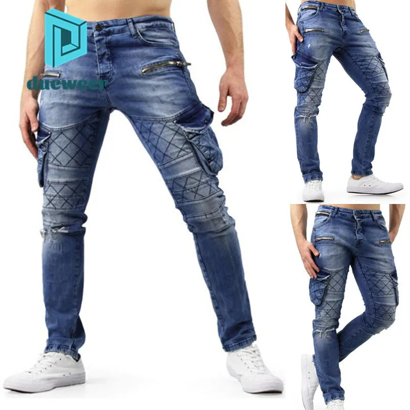 

DUEWEER Men Ripped Pleated Stretch Jeans Distressed Casual Hip Hop Trousers Men Baggy Scratch Jeans Cargo Straight Denim Pants