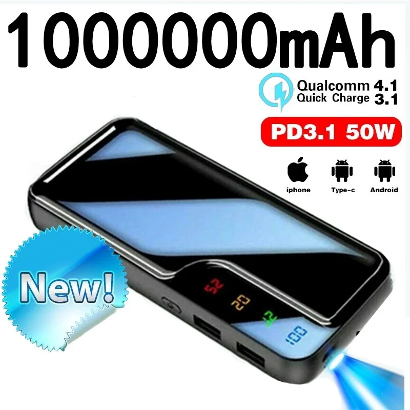 

100000mAh Powerbank Comes with 2 cables Portable Mirror Screen Power Bank Large Capacity Wireless Polymer Suitable models Dual