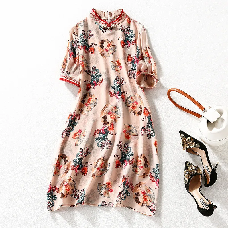 

Silk Dress Women Summer Short Sleeve Midi Floral Chinese Style Cheongsam Vintage Printed A-Line Woman Dresses Vestidos De Verano