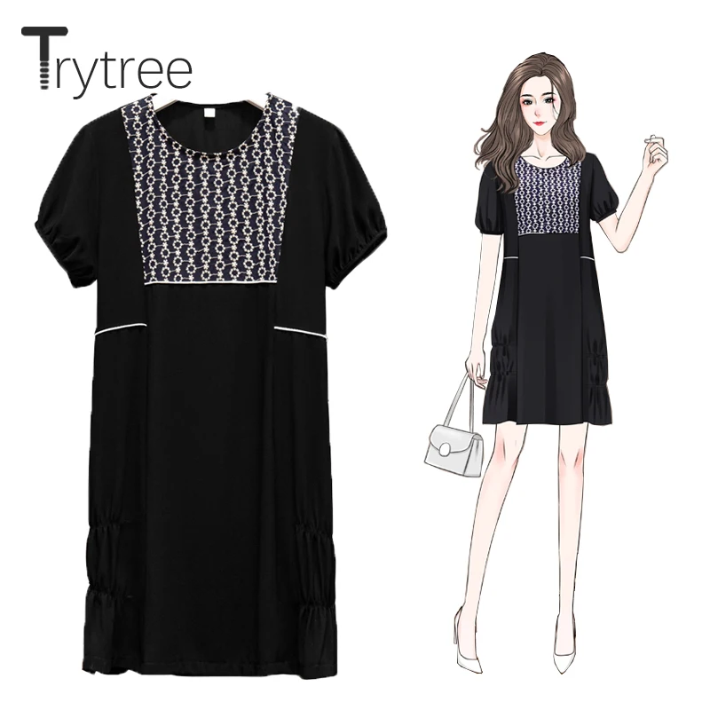 

Trytree 2021 Summer Womens Dresses Casual Floral O-Neck Patchwork Puff Sleeve Cotton Blend Pockets Straight Sweet T-shirt Dress