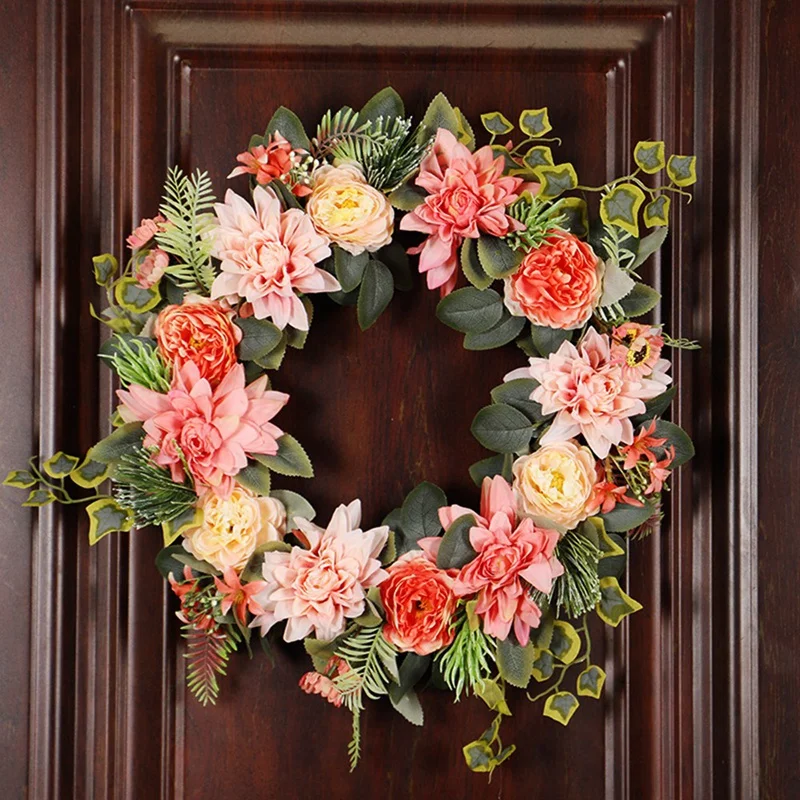 

Artificial Dahlia Wreath Spring Summer Wreath for Front Door Wall Window Wedding Party Garden Farmhouse Home Decor