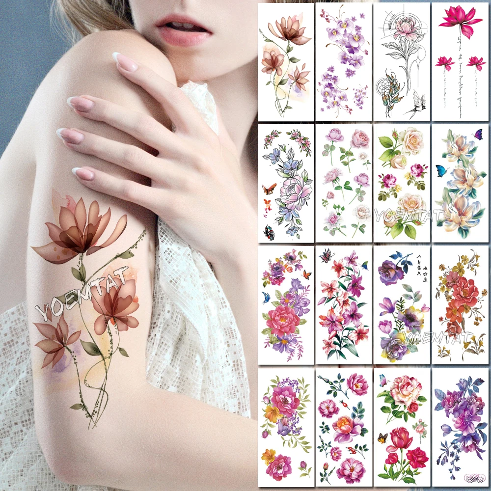 

Brown Lotus Waterproof Temporary Tattoo Sticker for Women Kids Body Art Rose Flower New Design Water Transfer Fake Tatoo