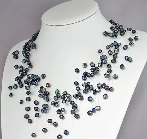 

Unique Pearls jewellery Store Multi Layers Necklace 6 Rows 3-7mm Black Genuine Freshwater Pearl Necklace 18 inches Fine Jewelry