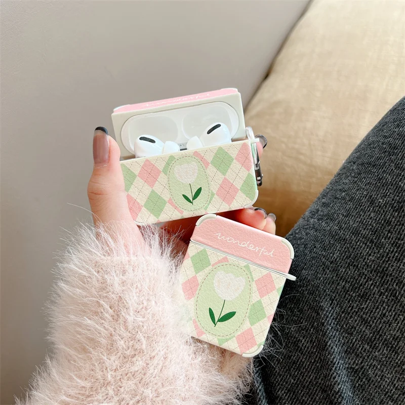 Cute Flower Rhombus pattern Earphone Case For Apple Airpods 3 2 1 Pro Cover Fashion Faux Leather Silicone Headphone Cases Box