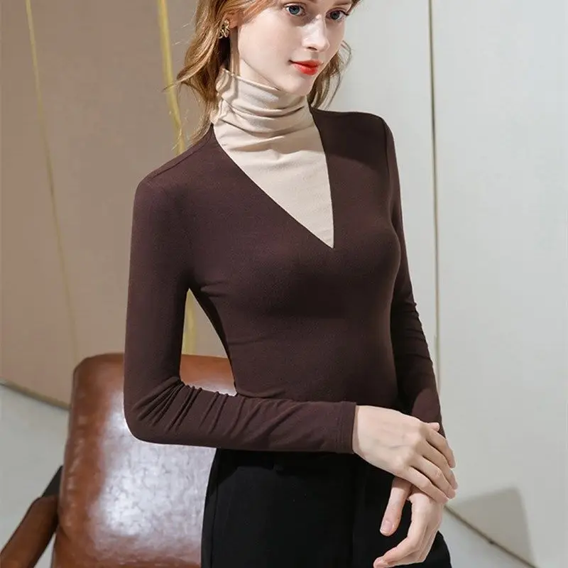 

Stitching contrast color high-neck all-match bottoming shirt women's fall/winter long-sleeved t-shirt basic fashion slimming bot