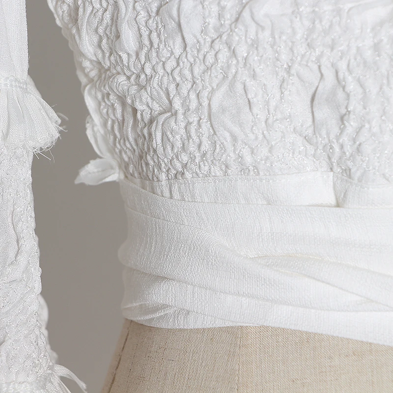 

CHICEVER Patchwork Tassel Short Blouses For Women V Neck Long Flare Sleeve High Waist Lace Up Shirts Female Fashion New Clothing