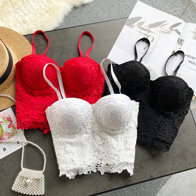 

New Arrival Floral Lace Crop Top Solid Women Summer Camisole Elegant Streetwear Adjustable Strap Padded Corset Bra Camis Tops