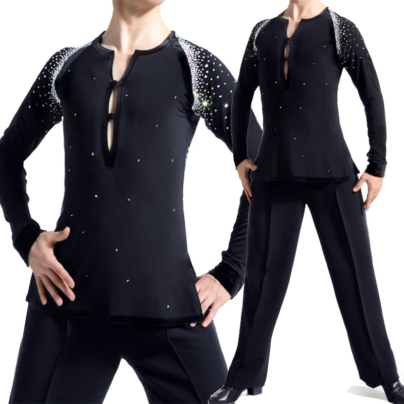 Мужские взрослые платья для латинских танцев стразы одежда выступлений черные