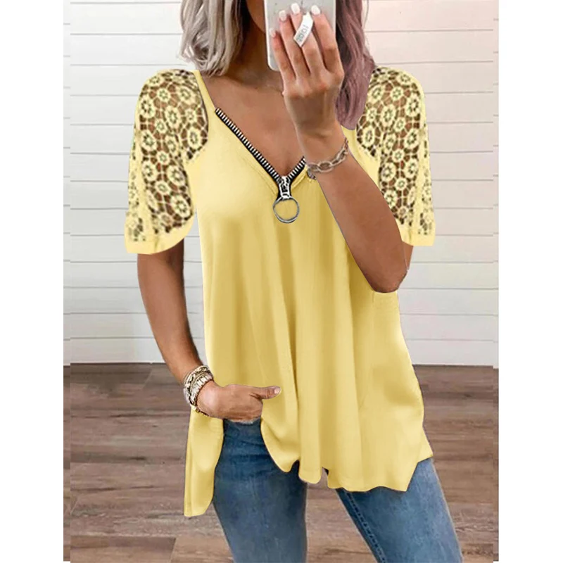 

Summer New Style Lace Stitching Short-sleeved T-shirt Women's Solid Color Loose T-shirt Plus Size Fashion Sexy T-shirt Shirt