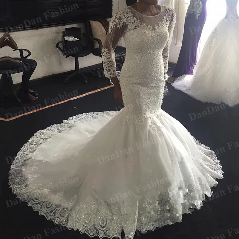 

Mermaid Wedding Dresses Long Sleeve 2021 Plus Size African Nigeria Lace Appliqued Beads bridal Wedding Gowns