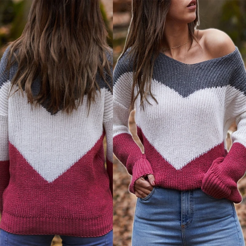 

Women Autumn Long Sleeve Knitted Sweater Color Block Stripes Loose Pullover Tops Sexy V-Neck Drop Shoulder Casual Basic Jumper S