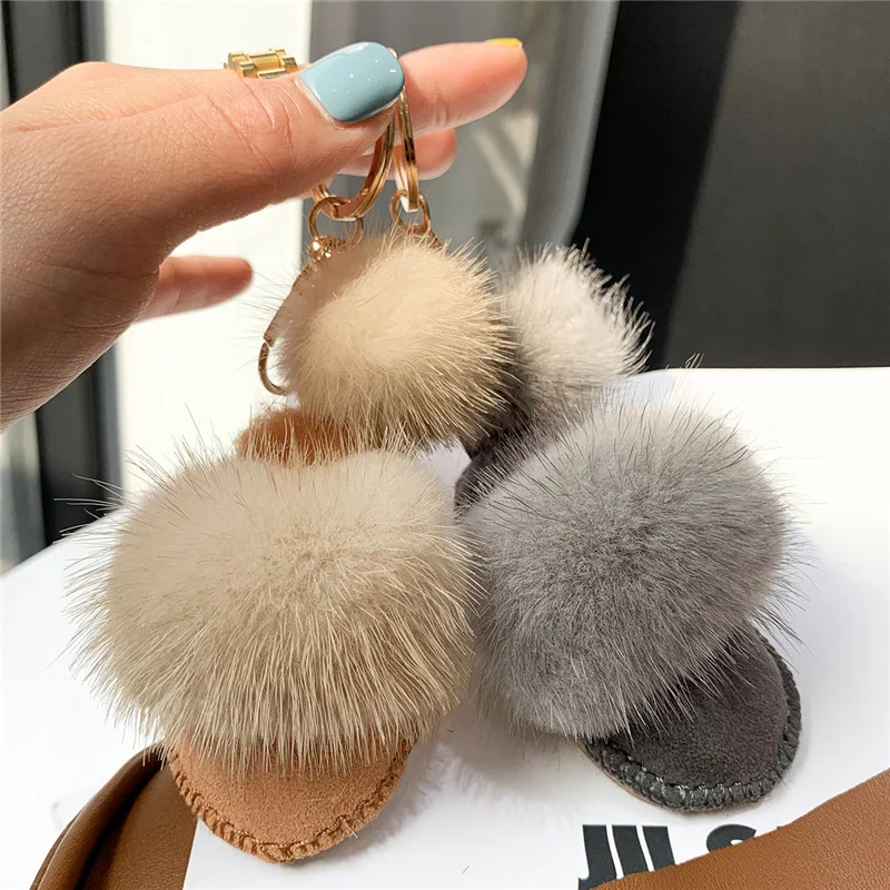 

2021 New Cute Mink Fur Car Keychain 100% Fur Keychain Ladies Jewelry Car Bag Keyring Jewelry Gift Fluff Keychain