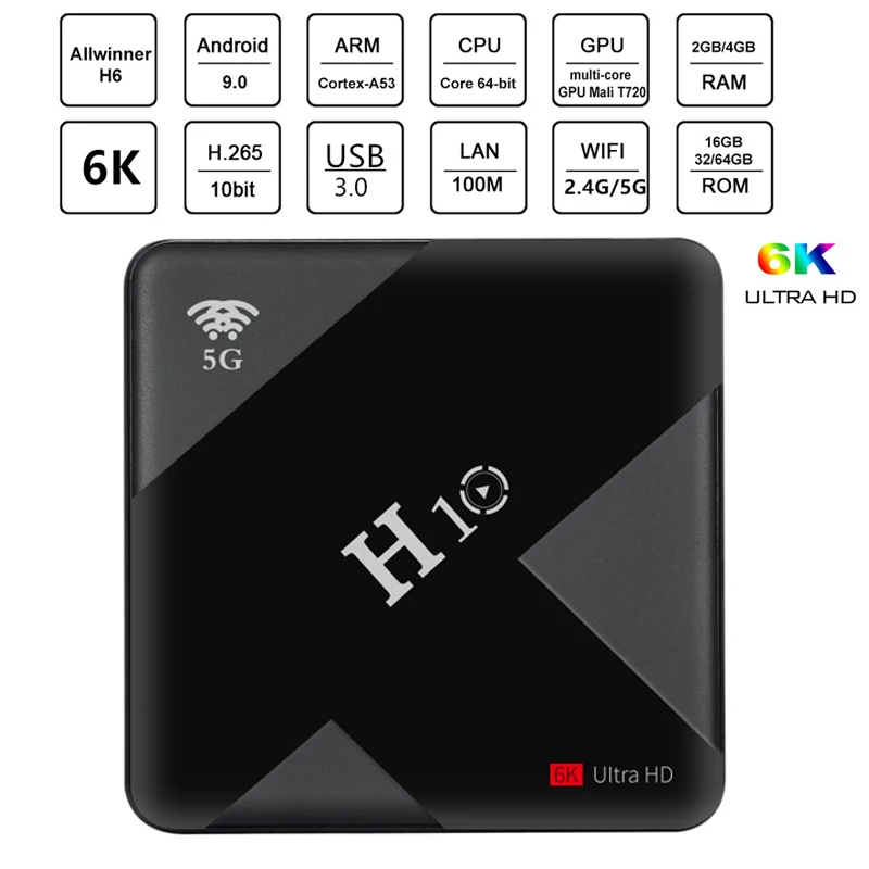 H10 Android 9 0 Smart tv Box 4G 64G 2 4 & 5GHz двойной WiFi Allwinner H6 четырехъядерный USB 6K Netflix Google плеер