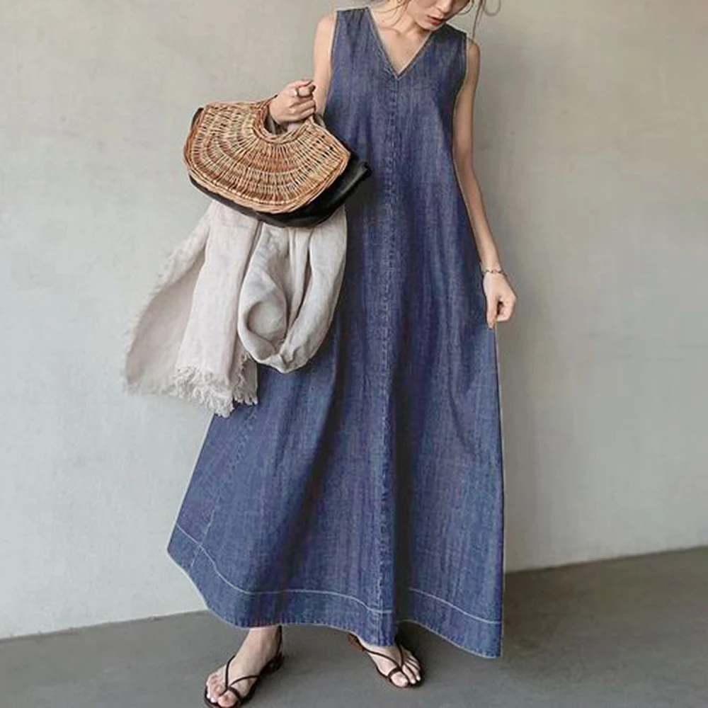 Vestidos de Brim sem Mangas para Mulheres Soltas a Linha Verão Mulher Roupas Finas Retro Moda Feminina Coreana Casual Chique Maxi Vestido 2022