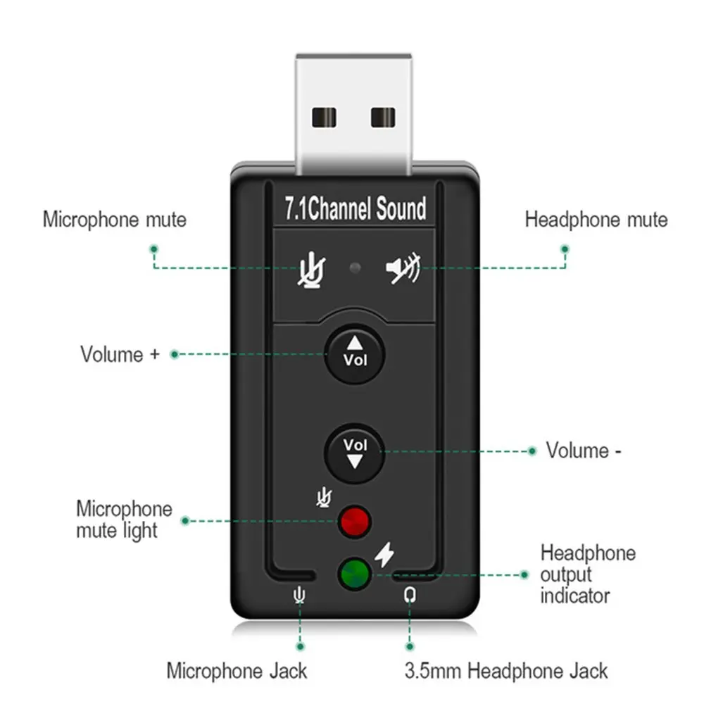 USB хабы 2 0 внешняя звуковая карта 7.1CH аудио мини адаптер с кнопкой управления 3 5 мм