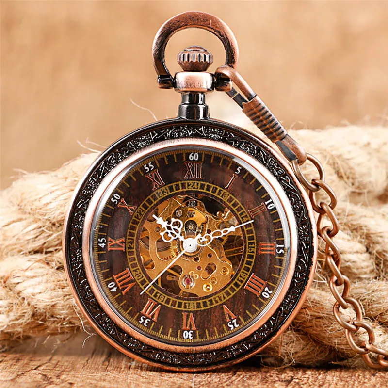 

Red Bronze Skeleton Handwinding Mechanical Pocket Watch for Men Women Roman Numeral Fob Pendant Chain Open Face Clock Collect