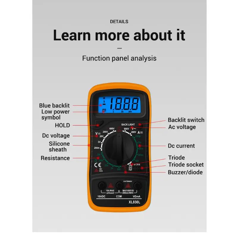 

XL830L Digital Multimeter Handheld LCD Backlight AC/DC Ammeter Voltmeter Resistance Transistor Ohm Tester Meter