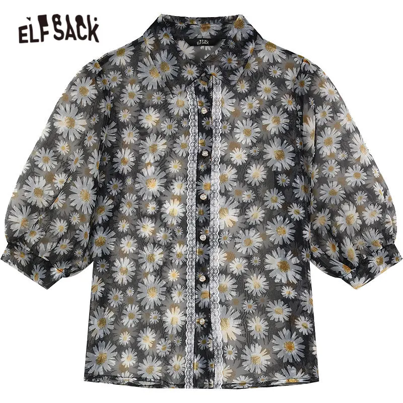 

ELFSACK Black Daisy Flowers Print Contrast Lace Casual See-Through Shirts Women 2020 Summer Puff Sleeve Korean Girly Daily Tops