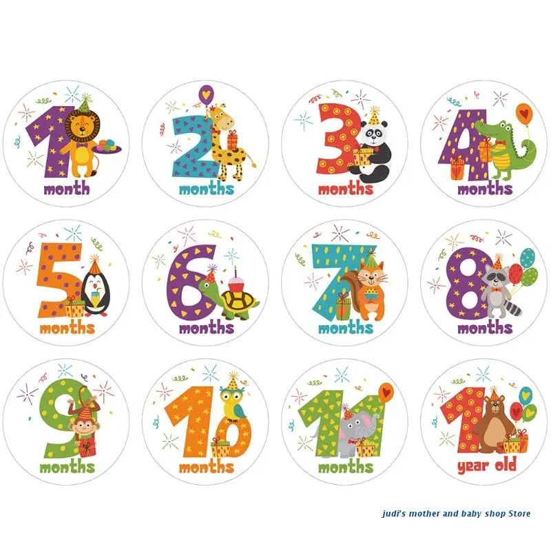 

67JC Milestone Memorial Month Sticker Cartoon Animal Baby Monthly Stickers Photography Commemorative Card Number Photo Props