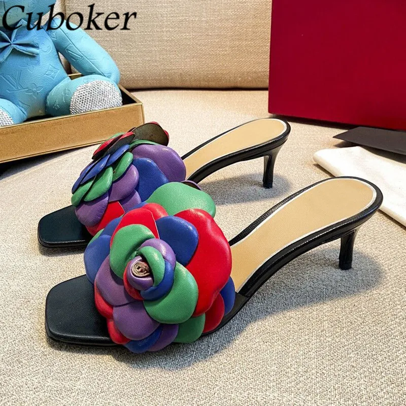 

Real Leather Flower Slippers Women Pumps Kitten Heel Square Toe Luxury Shoes For Women 2021 Brand Designer Shoes Sandalias Mujer