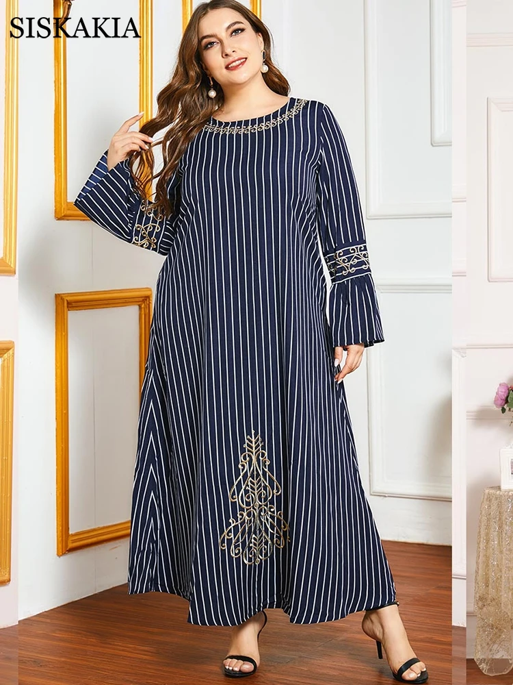 

Женское платье-макси Siskakia, Повседневное платье в полоску с золотыми нитями и вышивкой размера плюс, с круглым вырезом и расклешенными рукав...