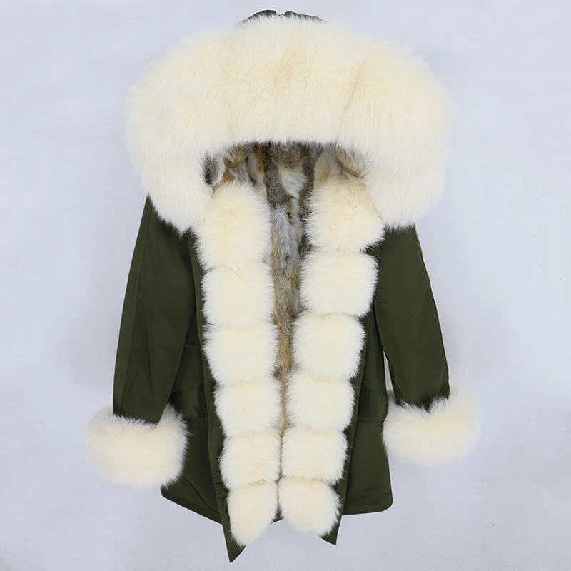 OFTBUY, водонепроницаемая парка, натуральное меховое пальто, зимняя куртка для женщин, воротник из натурального меха енота, капюшон, подкладка из натурального кроличьего меха, съемная - Цвет: green beige