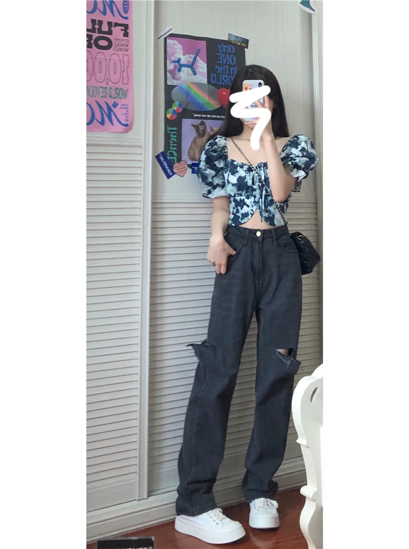 

2021 New Summer Vintage Jeans Woman Long Trousers Cowboy Female Loose Streetwear Butterfly Print Pants Retro Perforated jeans