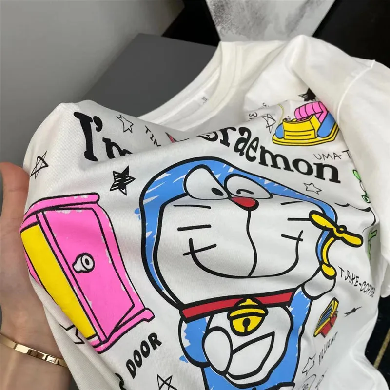 

Loose Short-Sleeved Women's T-Shirt Japanese Sweet O-Neck Top Summer Cute Doraemon Cartoon Printing All-Match Clothing Female