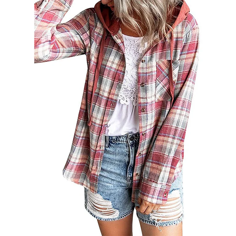 

Women's New Plaid Hoodie In Autumn And Winter 2021 Single Row Button Casual Shirt