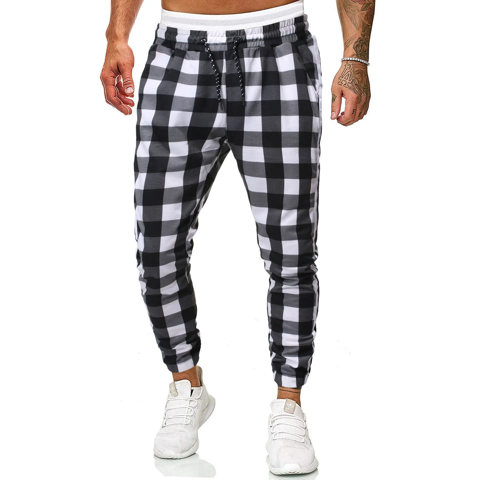 

European and American spring and autumn men's street mid-waist feet lace-up outdoor sports pants simple lattice fashion casual p