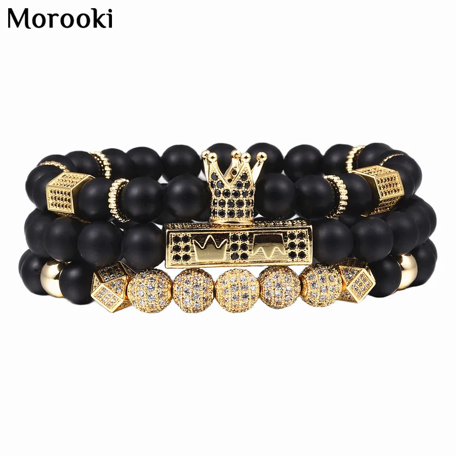 

Morooki 3pcs/set Men Woman Bead Bracelet Royal Crown Charm Bangle Natural Beads Buddha Women Mens Bracelet Pulseras Masculina