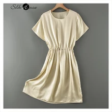 Robe Beige à col rond pour femmes, manches courtes, crêpe de soie mûre naturelle, Satin 100%, mode, vêtements pour femmes, nouveau Style, 2021  (3)