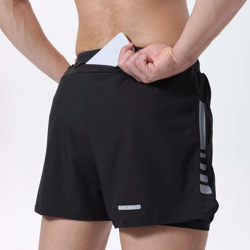 Men's Workout Running Shorts  2 in 1 Lightweight Marathon Short Gym Quick-Dry Training Tight Short Pants with Zipper Pockets