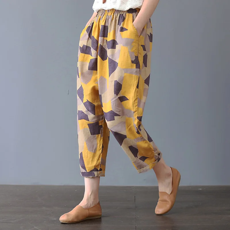 

Fashion Pants Women Loose printing Pockets Pants Cotton Linen Casual Female Sweatpants Trouser Plus Size