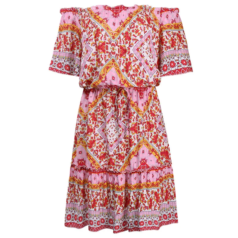 

Sexy One Word Collar Dress Large Size Women's Short Sleeves With Floral Print Fashion Off-Shoulder Bohemian Short Dress 2021 New