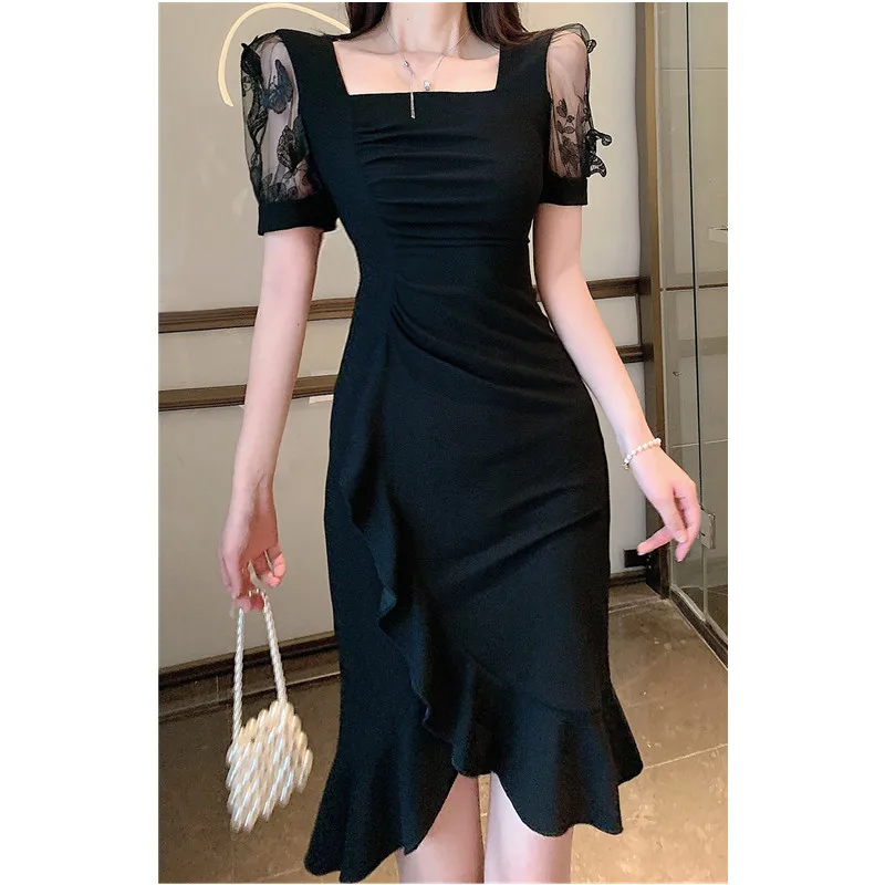 

Real Shot 2021 New Fashion Women's Sweet And Sexy Square Neck Slim Ruffle Dress