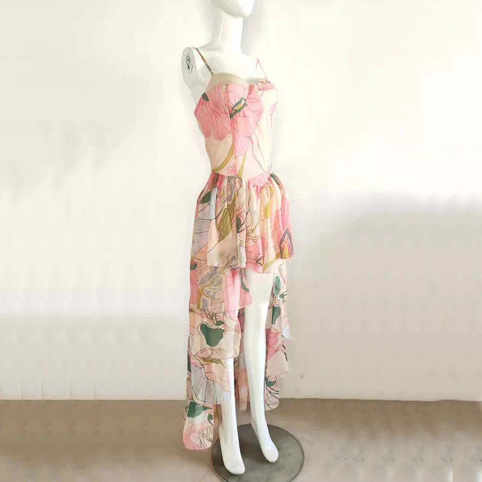 Женское платье в пол с каскадными оборками элегантное вечернее принтом лето 2021 |