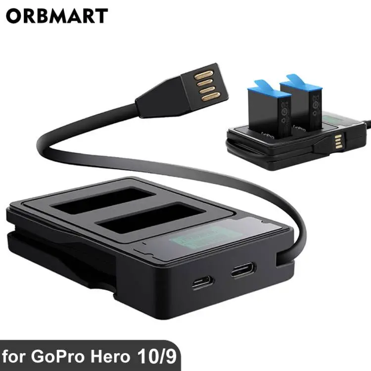 For GoPro Hero 11 10 9 Black Battery Charger Dual Port with LCD Display Charging Cable for Go Pro 10 9 Gopro9 Hero9 accessories