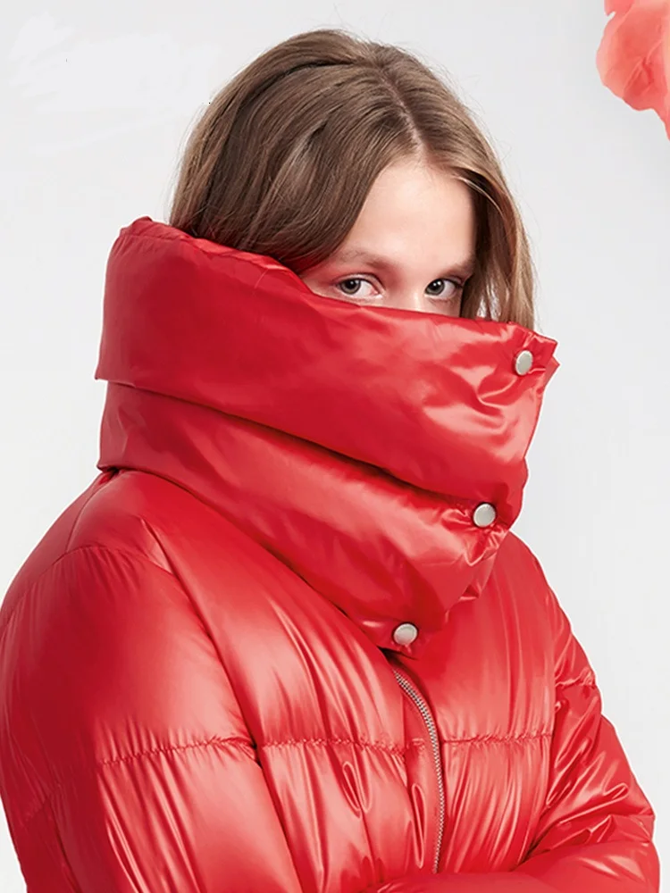 Зимняя Красная двухслойная куртка пуховик с воротником шарфом Женская длинная