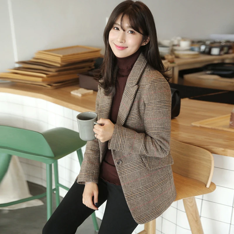 Женский прямой клетчатый костюм Повседневный шерстяной пиджак в стиле ретро