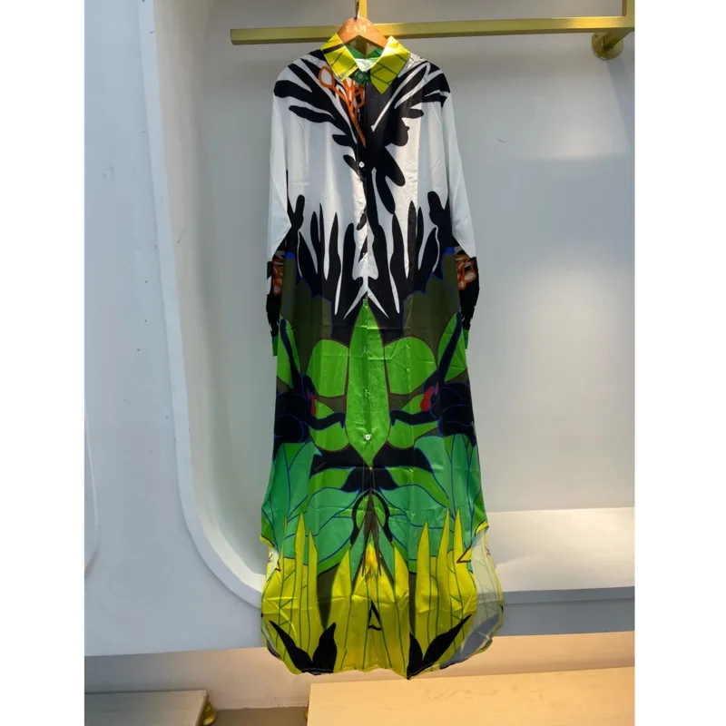 

IEQJ Women Shirtdress Lapel Collar Long Sleeve Loose Asymmetrical Wide Hem Print Fashion Over Knee Elegante Summer 2021 8P725