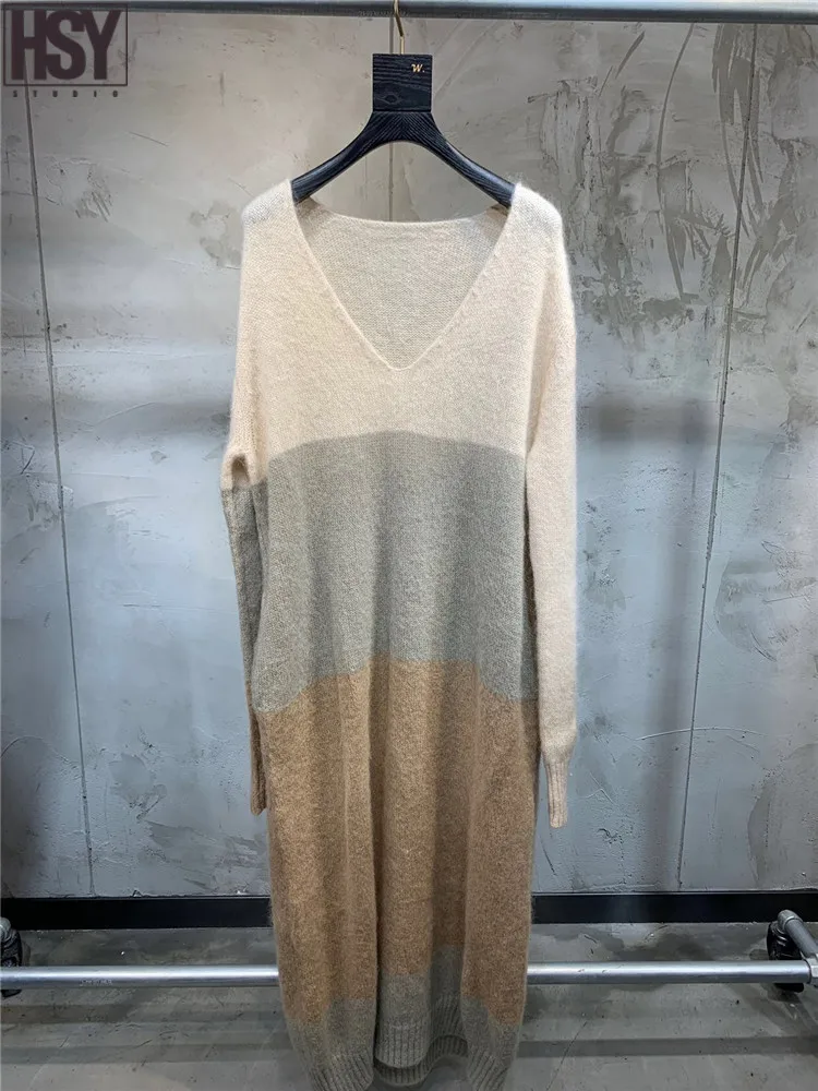 【HSY】2019 Осень Зима Новый женский длинный рукав v образный вырез контрастная
