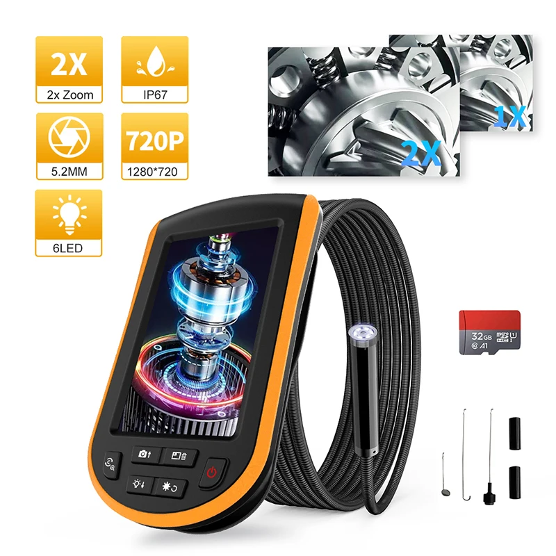 Новейшая модель 5 2 мм цифровой промышленный эндоскоп с 4 3 &quotЖК-дисплей 2X зум IP67