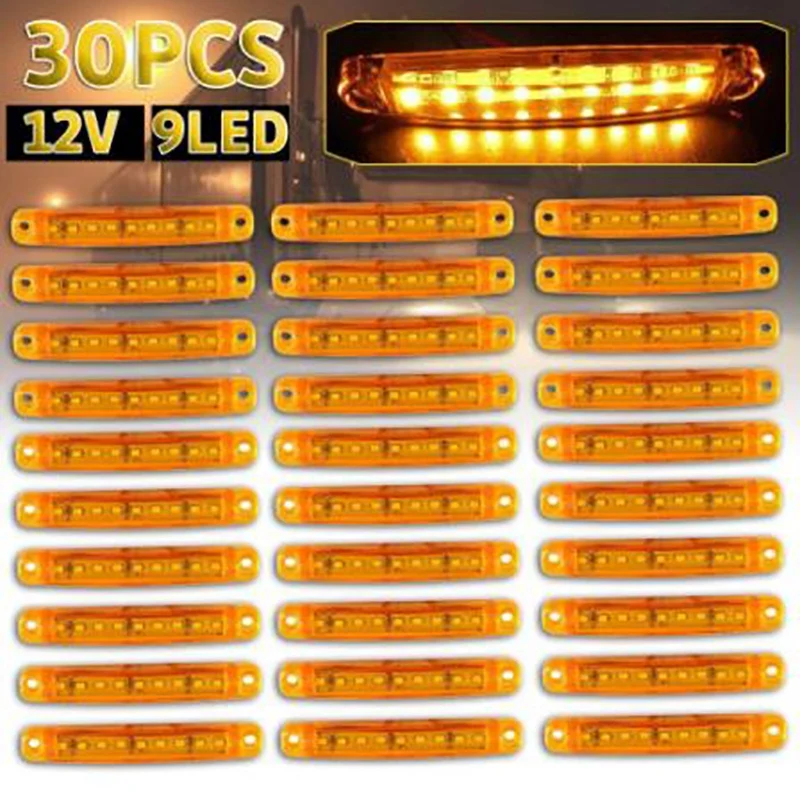 

30Pcs Amber 9 LED Trailer Side Marker Lights Sealed Indicators 12V for Trucks Bus Trailer UTV SUV Pickup Camper