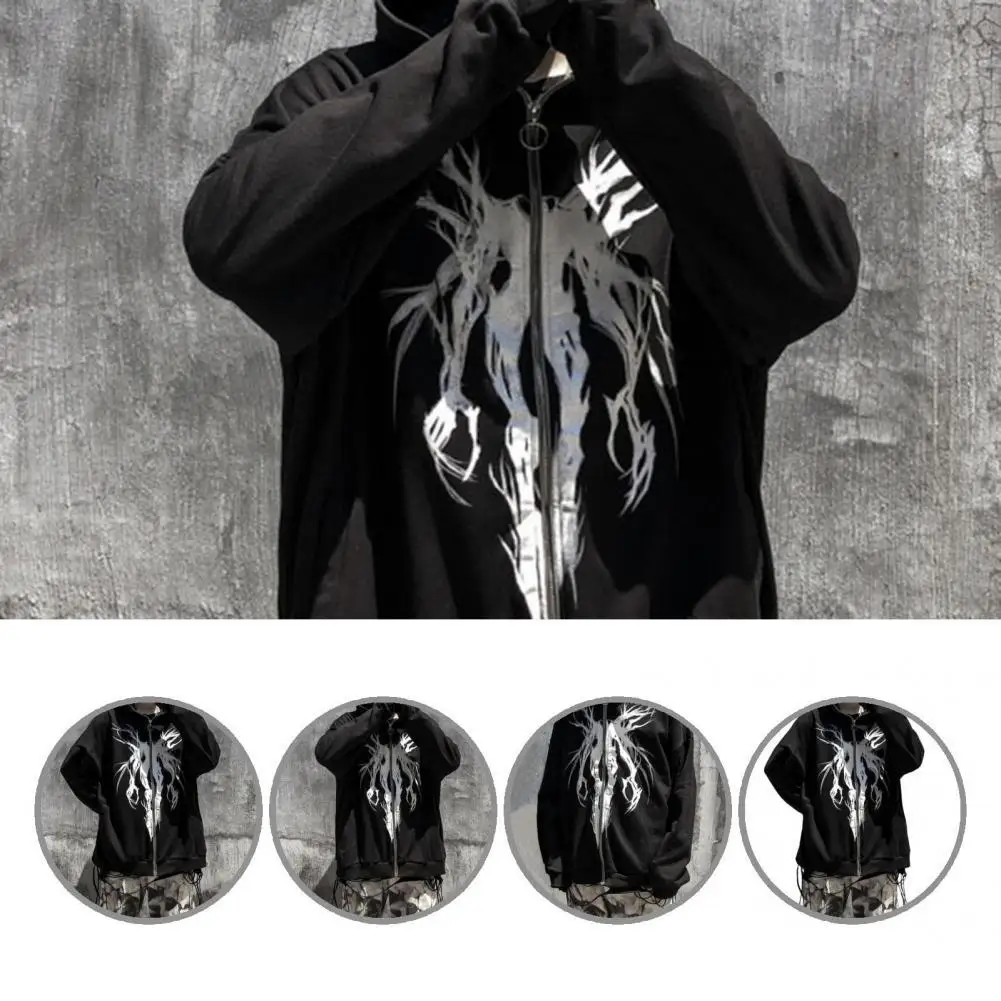 

Elastic Cuff Trendy Long Sleeve Print Zipper Sweatshirt Coat Oversized Men Hoodie Ribbon for Spring