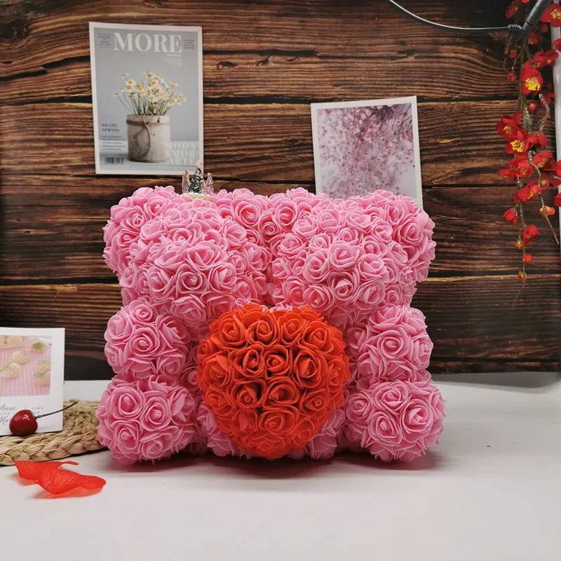 

25cm Heart Big Red Teddy Bear Rose Flower Artificial Wedding Decoration Christmas Gifts for Women Valentines Gift Home Decor